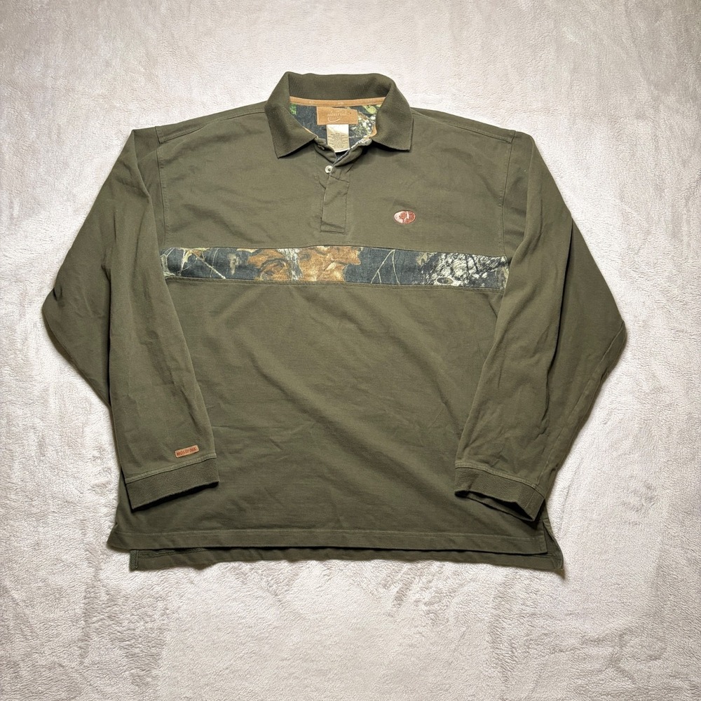 VTG Mossy Oak Apparel Aspen Rugby Shirt Mens XL Green Camo Polo Long Sleeve